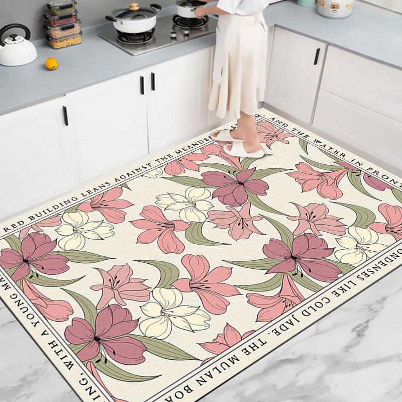 Pink Blossom Kitchen Rug Non Slip Absorbent Mat with Black Text Border Anti Fatigue Floor Pad Sink Area Soft Cushioned Washable