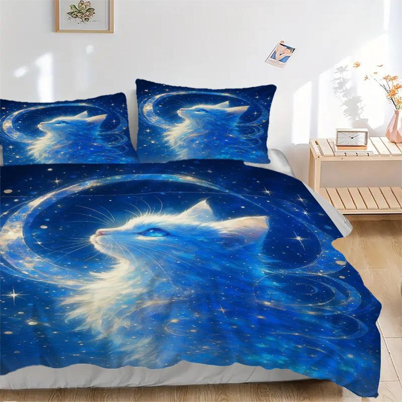3pcs Anime Cat Moon Stars Bedding Set - Includes One Quilt Cover and Two Pillowcases (No Core) - Home Decor Gift for Bedroom and Guest Room