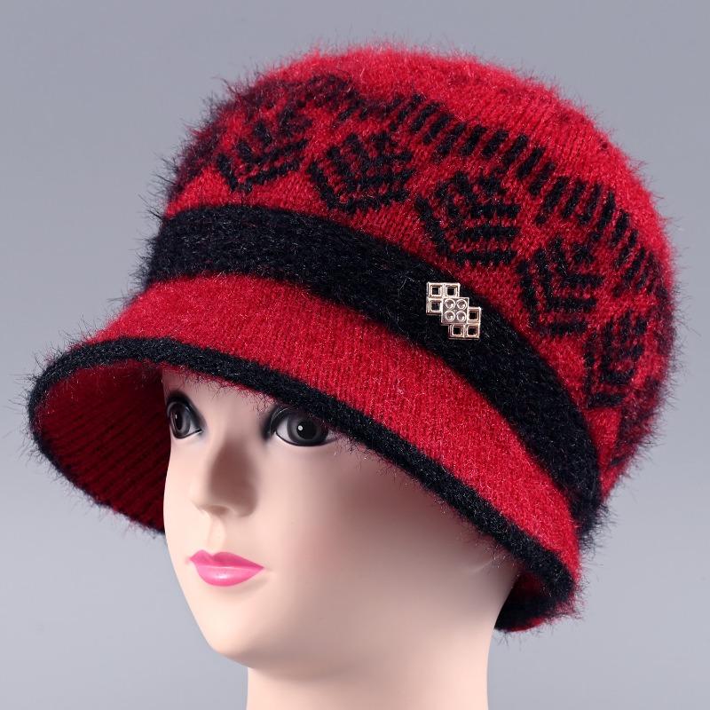 Hat Women's Autumn and Winter Fleece Big Eaves Knitted Hat Wool Hat Old Lady Thermos Hat