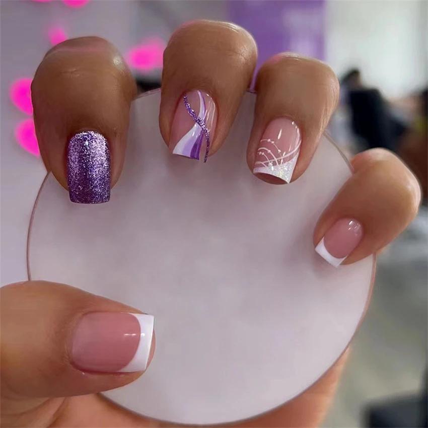 24 Stück Mittellange Acryl-Press-On-Nägel French Tip Falschnägel Set Abnehmbare Künstliche Nagelspitzen für Damen