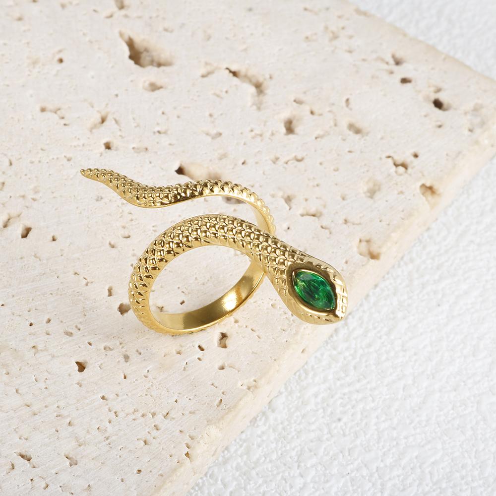Jovo Love Trendiger Schlangen-Tier-Ring Grüner Kristall Edelstahl Metall 18 Karat Offen Verstellbare Ringe Für Frauen Textur Schmuck Neu