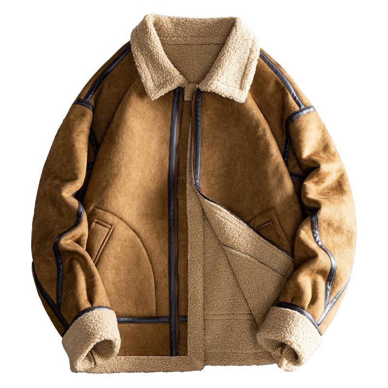 Unisex Brown Suede Sherpa Lined Jacket Contrast Piping Winter Warm Coat Solid Color Top