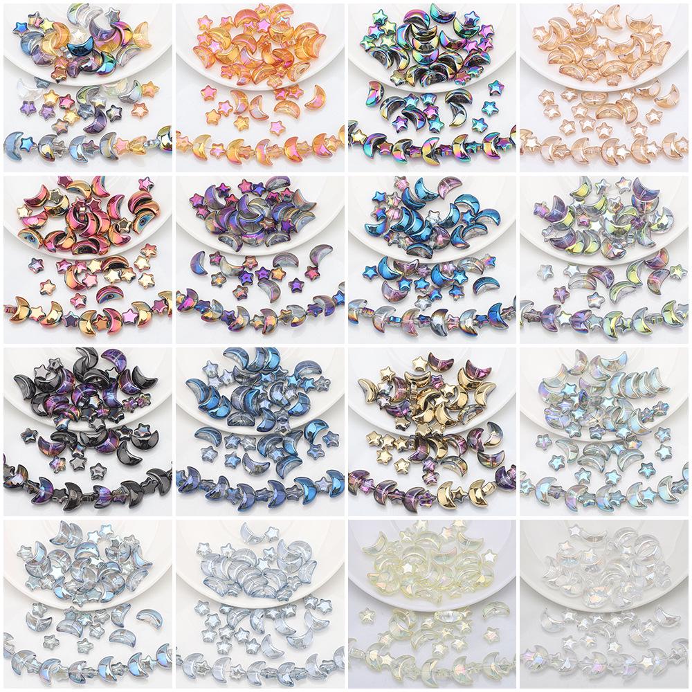 Moon and Star Glass Beads Set: Iridescent DIY Bracelet & Necklace Kit