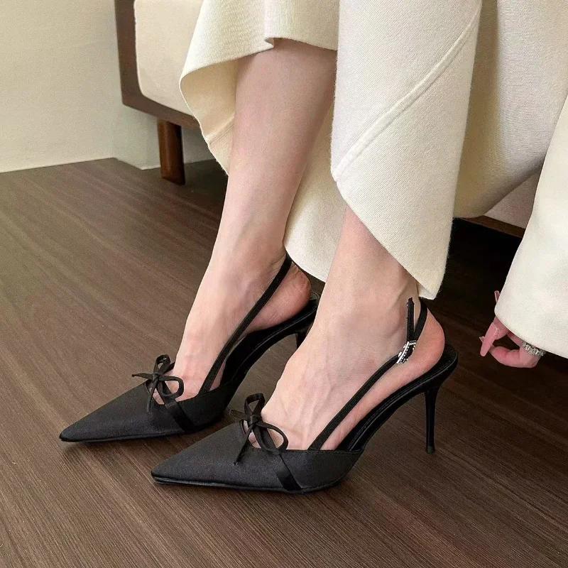 Fashion Hot Selling 2025 New Pointed Bow Sandals for Women Summer Slim Heels High Heels,Wearing Fairy Women's Shoes Outside Women Heels
