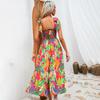 Vestido con cordones de cintura alta y manga estampada étnica de verano para mujer