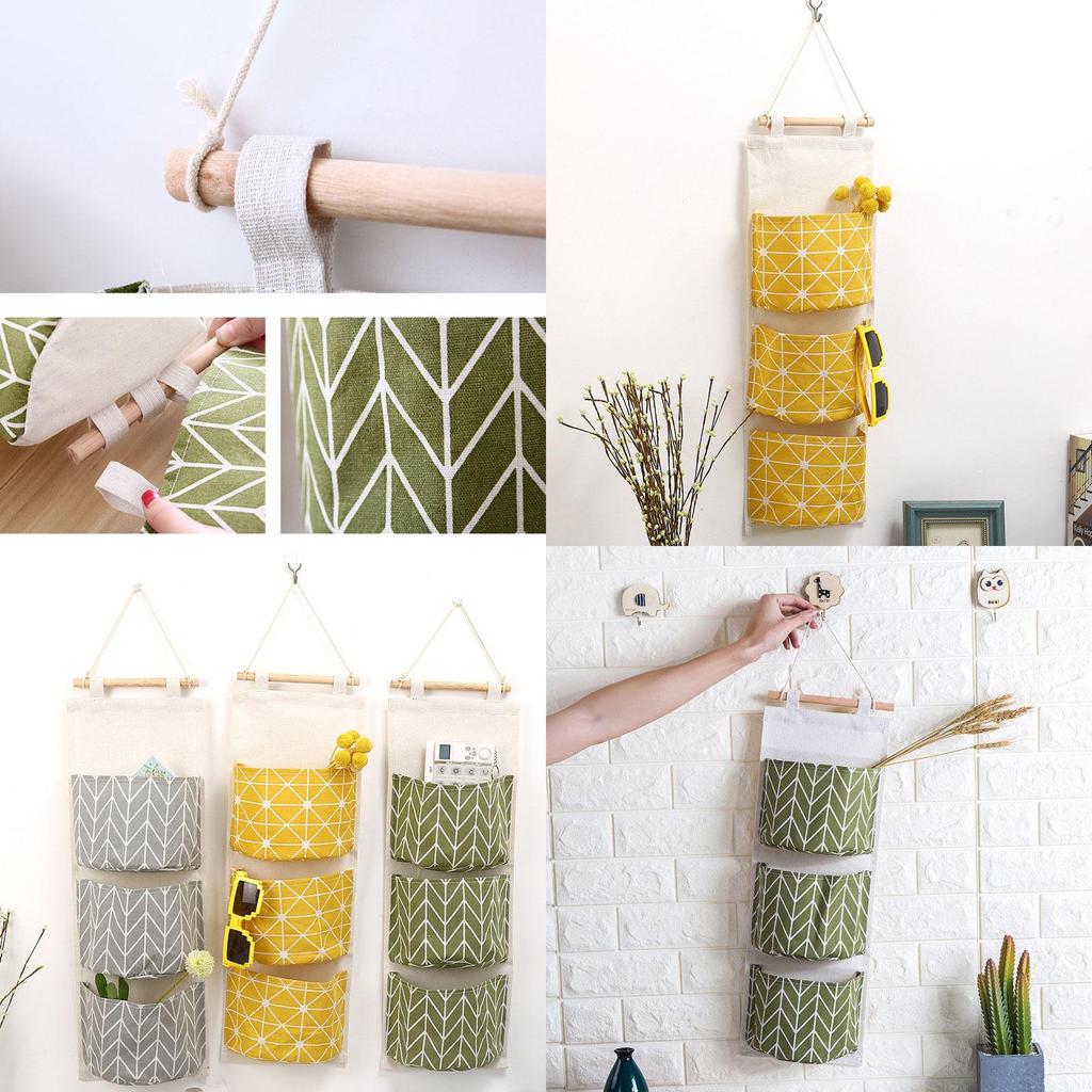 Elegant Space-saving Hanging Storage Bag With Durable Cotton Linen And 3 Pockets For Sundries