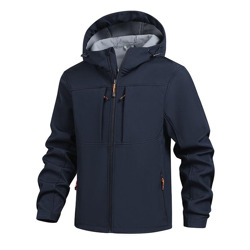 Cross-border men's autumn and winter soft shell clothing outdoor casual loose windproof and cold-proof fleece jacket hooded jacket can be opened twice