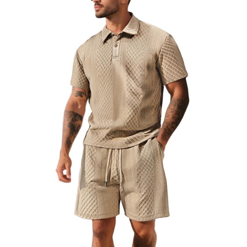 Mens Casual Two Piece Outfit Textured Polo Shirt And Shorts Set