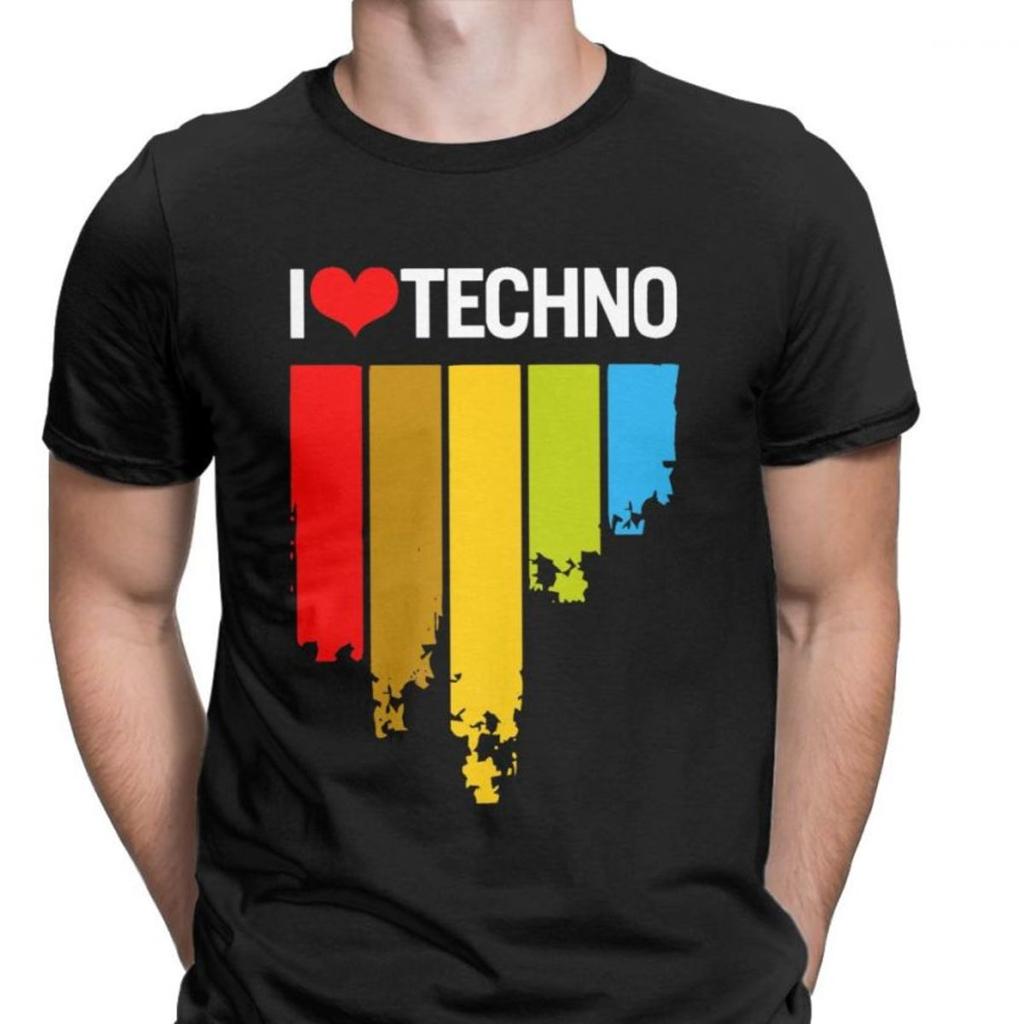 I Love Techno Music Audio Tops T Shirts Men Novelty Cotton Tshirts Round Neck Camisas T Shirts Birthday Gift Tops