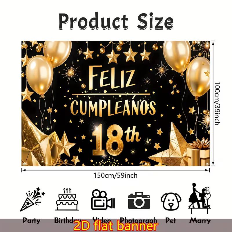 2D Black Gold Feliz Cumpleaños Backdrop for Spanish 18th Birthday Portrait Photoshoot