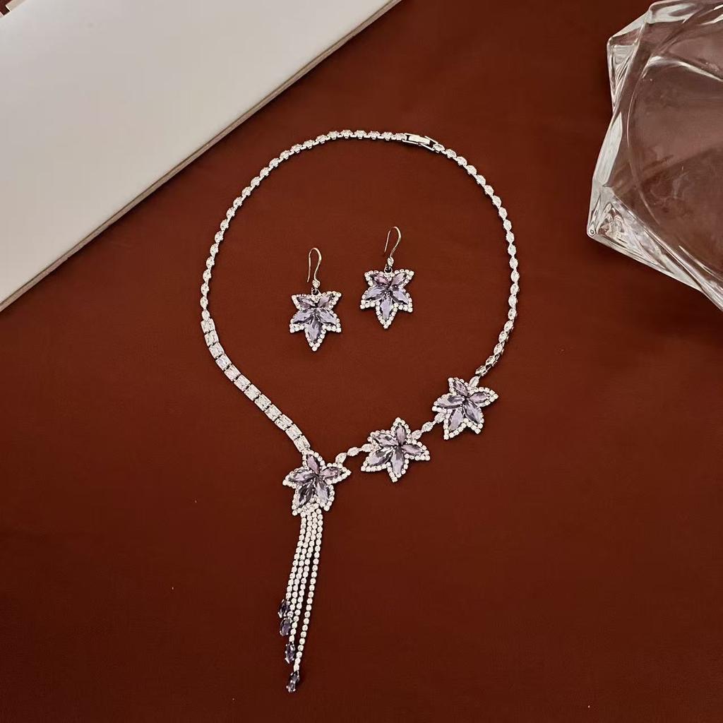 20 Maple Leaf Flower Zircon Necklace Earrings Set Handmade Zircon Exquisite Jewelry Set