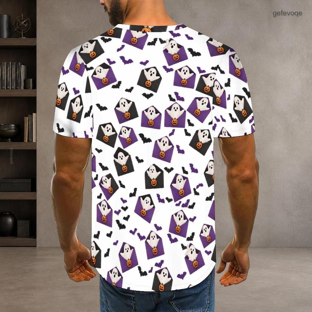 Men Plus Size Round Neck Short Sleeve T Shirt Halloween Ghost Bat Printed White Straight Hem Pullover
