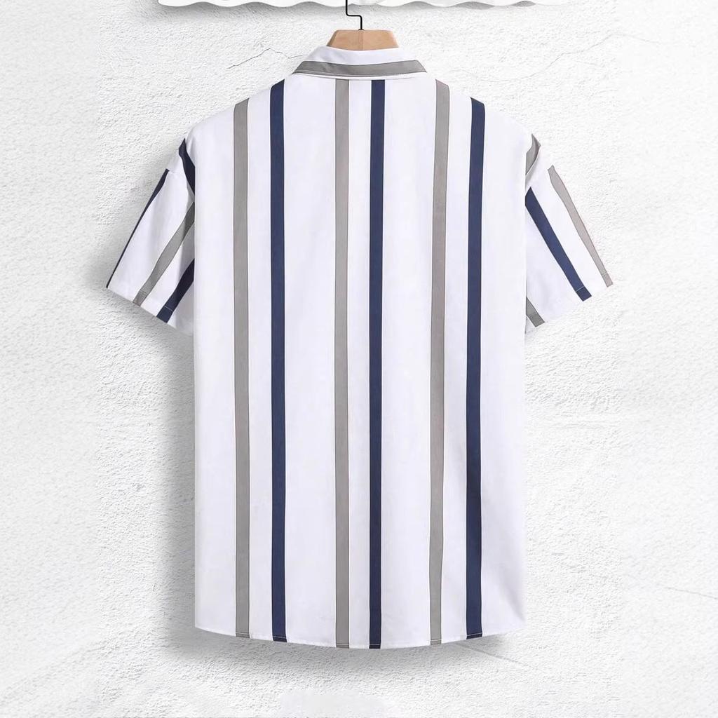 Summer New Men Clothes Short Sleeve Lapel Shirt Tops Fashion Stripe Design Men Tops