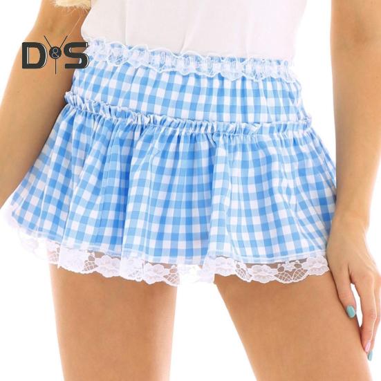 Miniskjørt Middels høyde Elastisk midje Rutete trykk Blondesøm Volang Kort skjørt A-linje Halloween Cosplay Rollespillskjørt