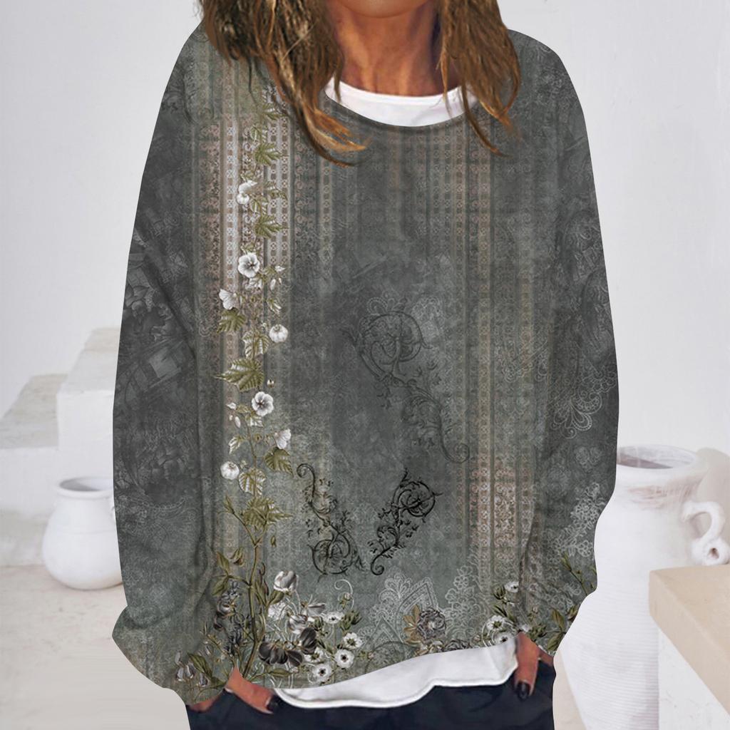 Women's Casual Fashion Vintage Printed Long Sleeve O-Neck Sweatshirt Layer Pullover Top