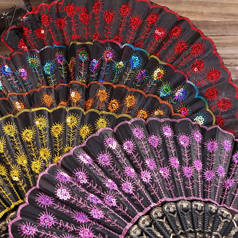 Hot Lace Silk Folding Hand Solid Color Hollow Lace Women Hand Held Flower Fan Folding Wedding Fan Festival Gift Decor Spanish St