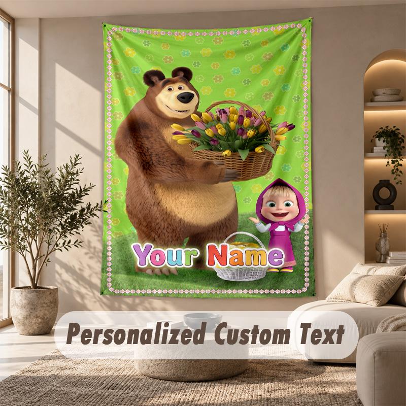 Masha and the Bear Tapestry, Personalized Custom Text, Wall Hanging Tapestry For Living Room Home Wall Decor