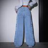 Pantaloni di Jeans da Donna Jeans con Stampa Fiocco Vita Alta Lavati Usurati Gamba Dritta Pantaloni Lunghi Vintage Streetwear Pantaloni a Gamba Larga