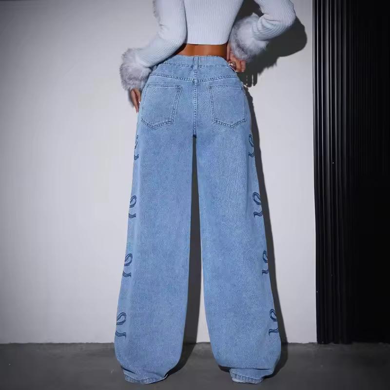 Pantaloni di Jeans da Donna Jeans con Stampa Fiocco Vita Alta Lavati Usurati Gamba Dritta Pantaloni Lunghi Vintage Streetwear Pantaloni a Gamba Larga