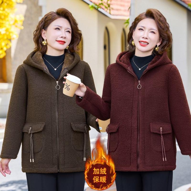 Winter New Middle-aged and Old Velvet Warm Cotton-padded Clothes, Thickened Granular Hooded Cotton-padded Jackets, Women's Jackets