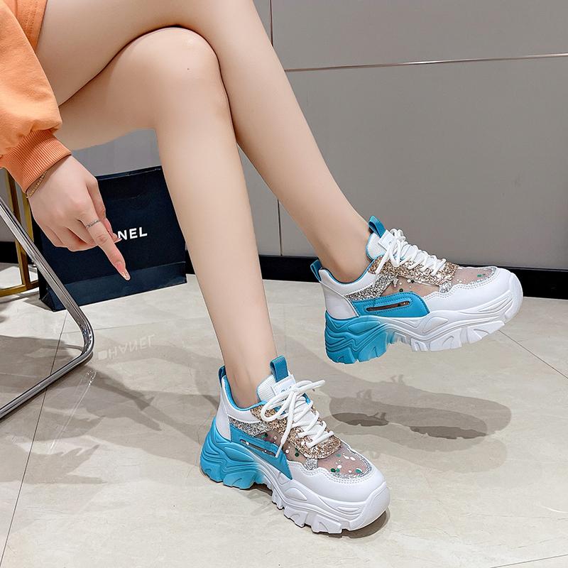 Fashion Shoes for Women Platform Shoes Autumn Women Casual Breathable Mesh Sequin Sneakers Wedges Sports Lace-up Non-slip Shoes