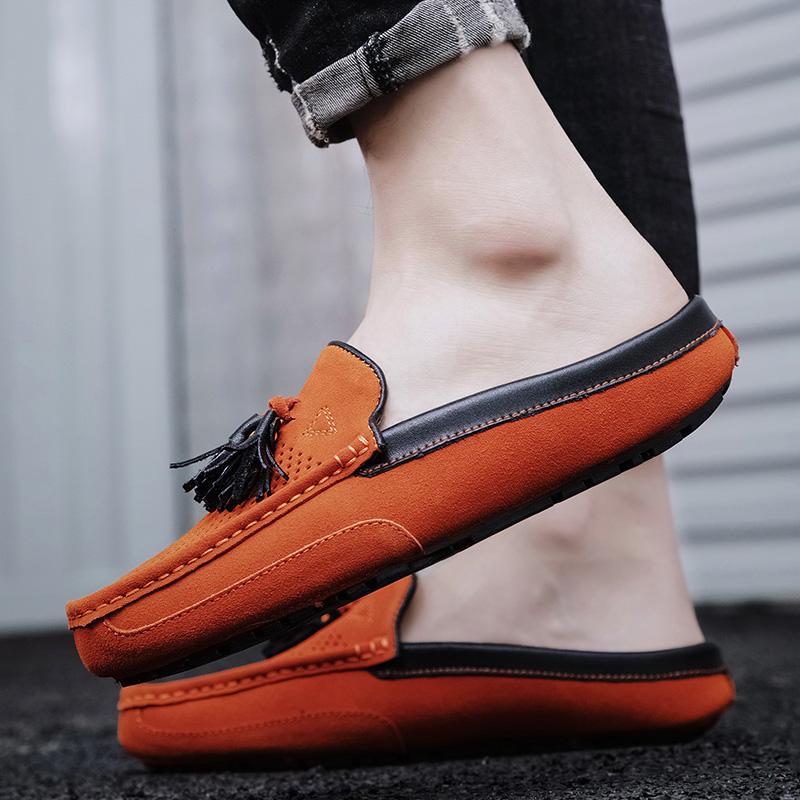 Fashion Breathable Suede Leather Loafers Handmade Mens Casual Muller Shoes Size 38-47 Tassel Slip on Half Flats Handmade Male Moccasins