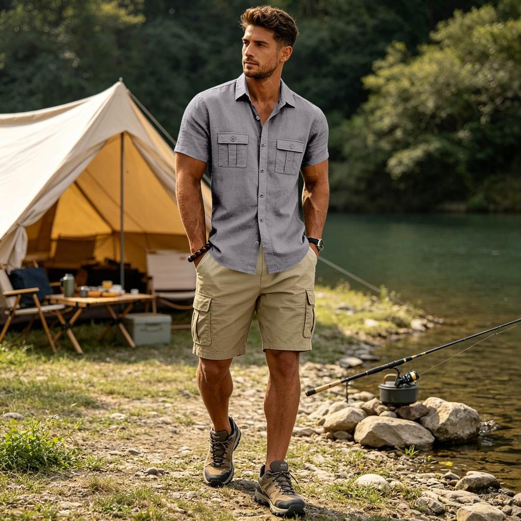 Men's Short Sleeve Work Shirt with Two Pockets Cotton Linen for Casual Everyday Wear