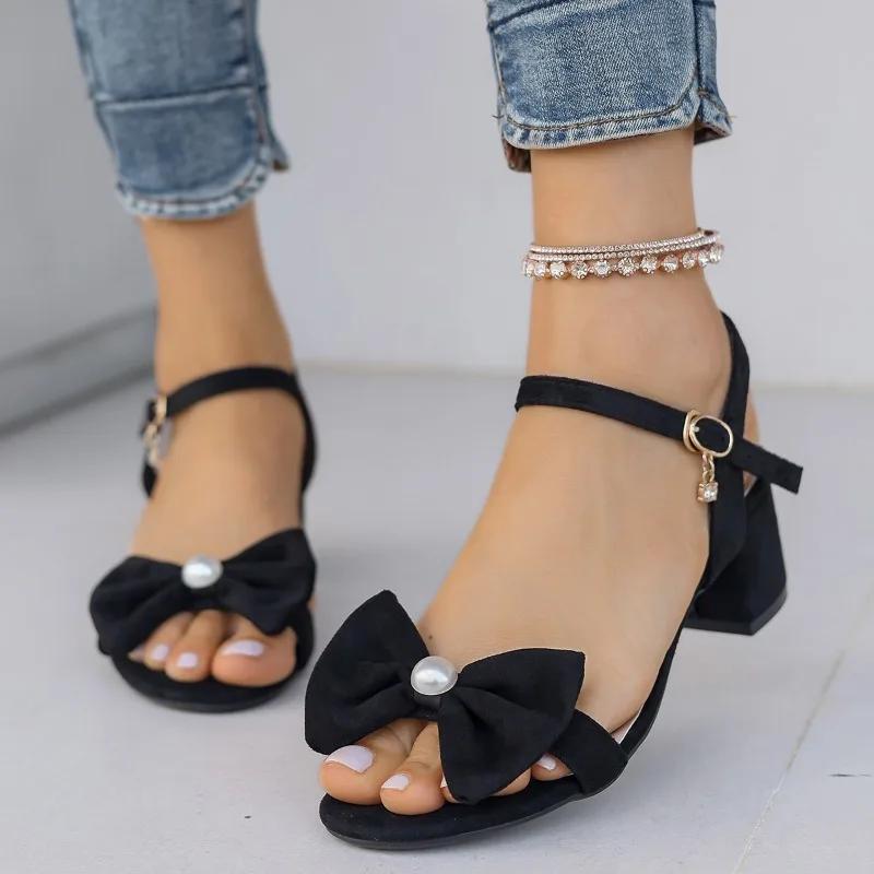 Ladies Shoes  Plus Size Modern Women's SandalsDress Sandals Women Bow Tie Buckle Strap Med Heel Open Toe Shoes Women