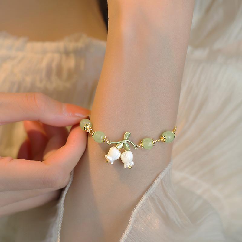 IFME Crystal Flower Leaf Bracelets for Women Fashion Lily of The Valley Pendant Beads Bracelet Accessories Jewelry