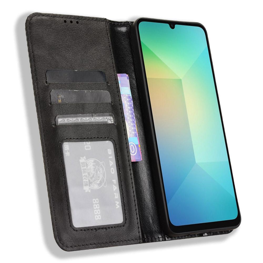 

For Samsung Galaxy A06 4G/A06 5G Leather Case Wallet Stand Retro Texture Phone Cover Black