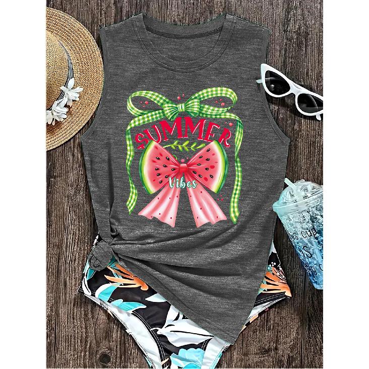 Watermelon Bow Summer Atmosphere Printed Pattern Round Neck Women s Sleeveless Tank Top 2026 New Spring/Summer Casual Versatile Comfortable S