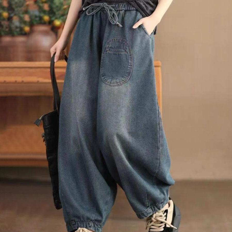 Pantaloni Harem din Denim pentru Femei Plus Size, Pantaloni Largi Tip Felinar, Elastici, Stil Ridiche, cu Buzunare Mari, Casual, Lungime Lungă