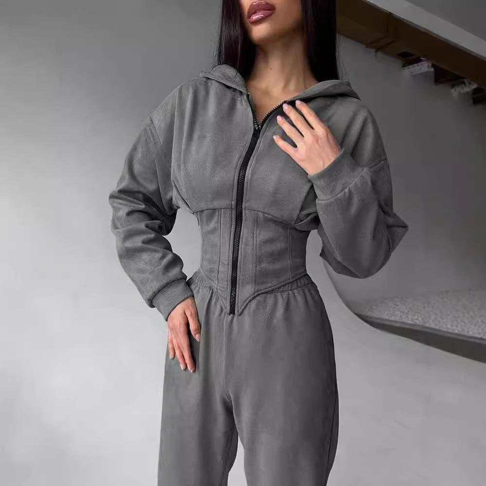 Olivgrüner Kapuzen-Reißverschluss-Romper-Jumpsuit