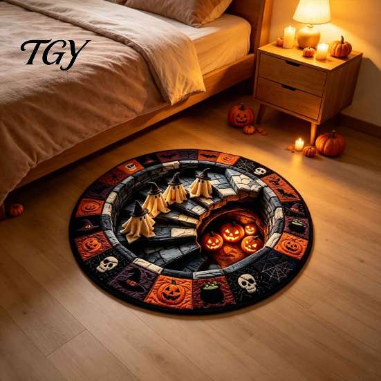 Ghost Pattern Carpet 3D Haunted Staircase Area Rug, Halloween Stair Round with Washable Bedroom Anti-slip Backing, Floor Mat for Living Room Bathroom