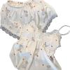 French sweet wind summer ice silk pajamas women's 1011 new cartoon bear suspender shorts loungewear sweet