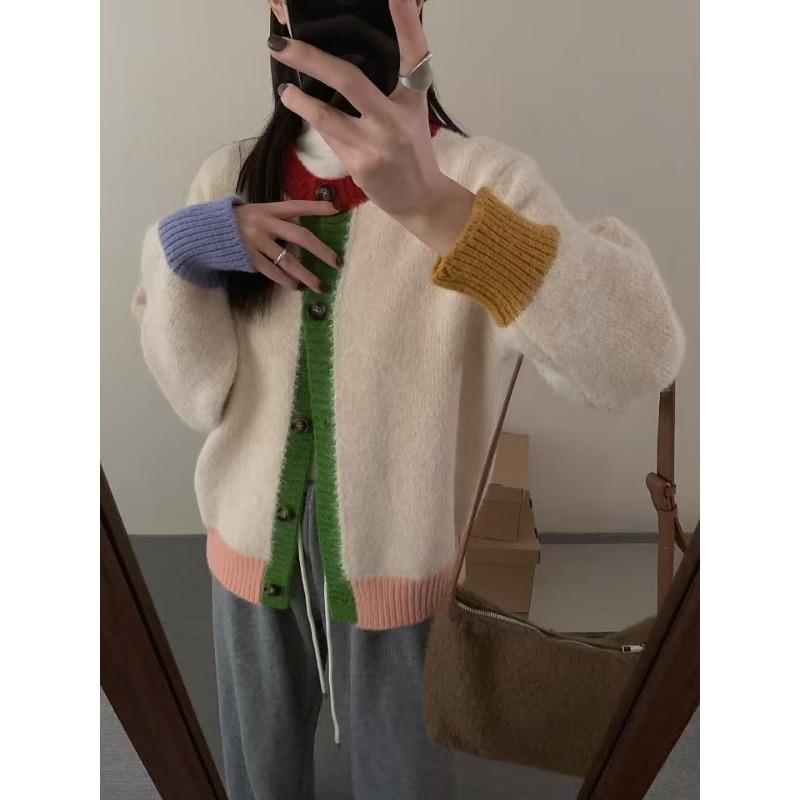 

Design sense niche color matching knitted cardigan women s autumn and winter new loose lazy thickened soft waxy sweater jacket One size