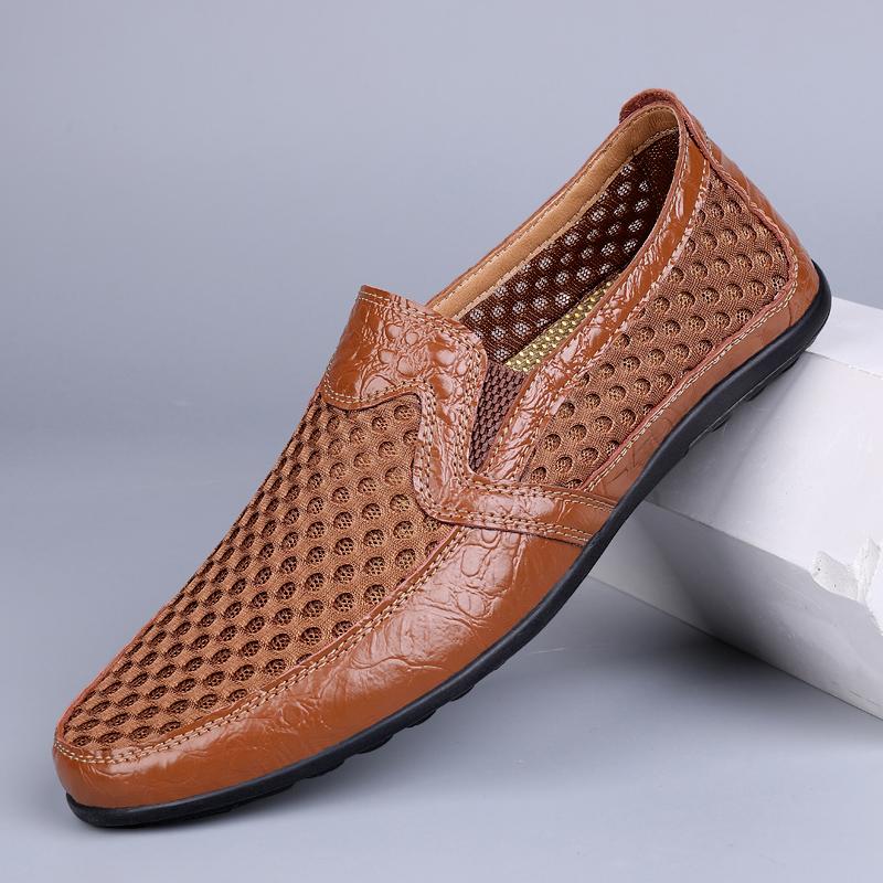 Men Leather Casual Shoes Breathable Men Loafers Italian Moccasins Lightweight Slip On Flats Mesh Man Driving Shoes Lazy Footwear