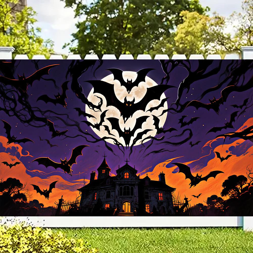 Scary Halloween Backdrop Banner-Castle with Bats&Full Moon for Indoor/Outdoor Parties,Graduation,Halloween Decor,Event