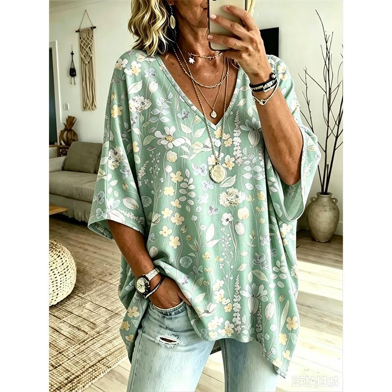 Tricou de Damă Mărimi Mari cu Decolteu în V și Mâneci Liliac Imprimeu Etnic Bohemian Top Larg de Vară Confortabil Respirabil pentru Naveta Zilnică Stil Casual Subțiere