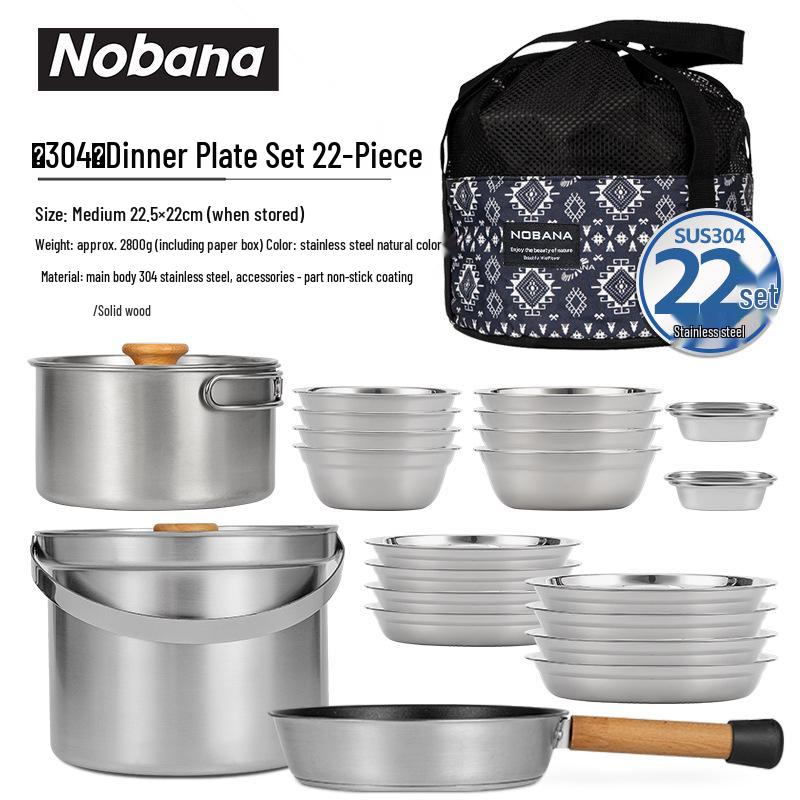 NOBANA 22-Piece Portable Cookware Set: Stainless Steel Camping Kit for Self-Driving Tours, Picnics, Steaming, Cooking, and Frying.