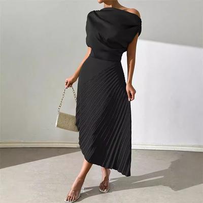 Summer New Elegant Slanted Shoulder One-word Collar Pleated Hip Wrap Design Irregular Dress Women