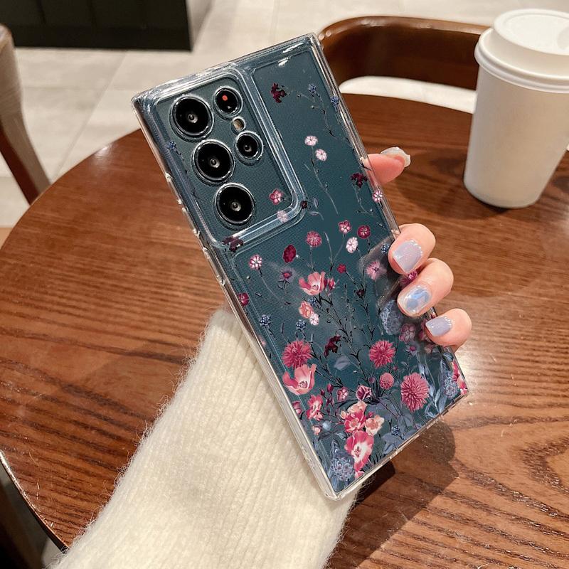 Retro Flowers Pattern Phone Case For Samsung Galaxy S26 S25 S24 S23 Ultra S22 S26 Plus S24 S21 FE S25 Edge Clear Soft TPU Cover