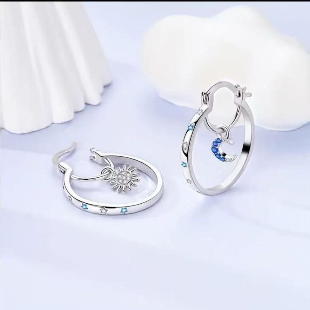 Zircon Sun Moon Earrings Elegant Earring Pendant Fashion Silver Hoop Earrings  Jewelry Accessories