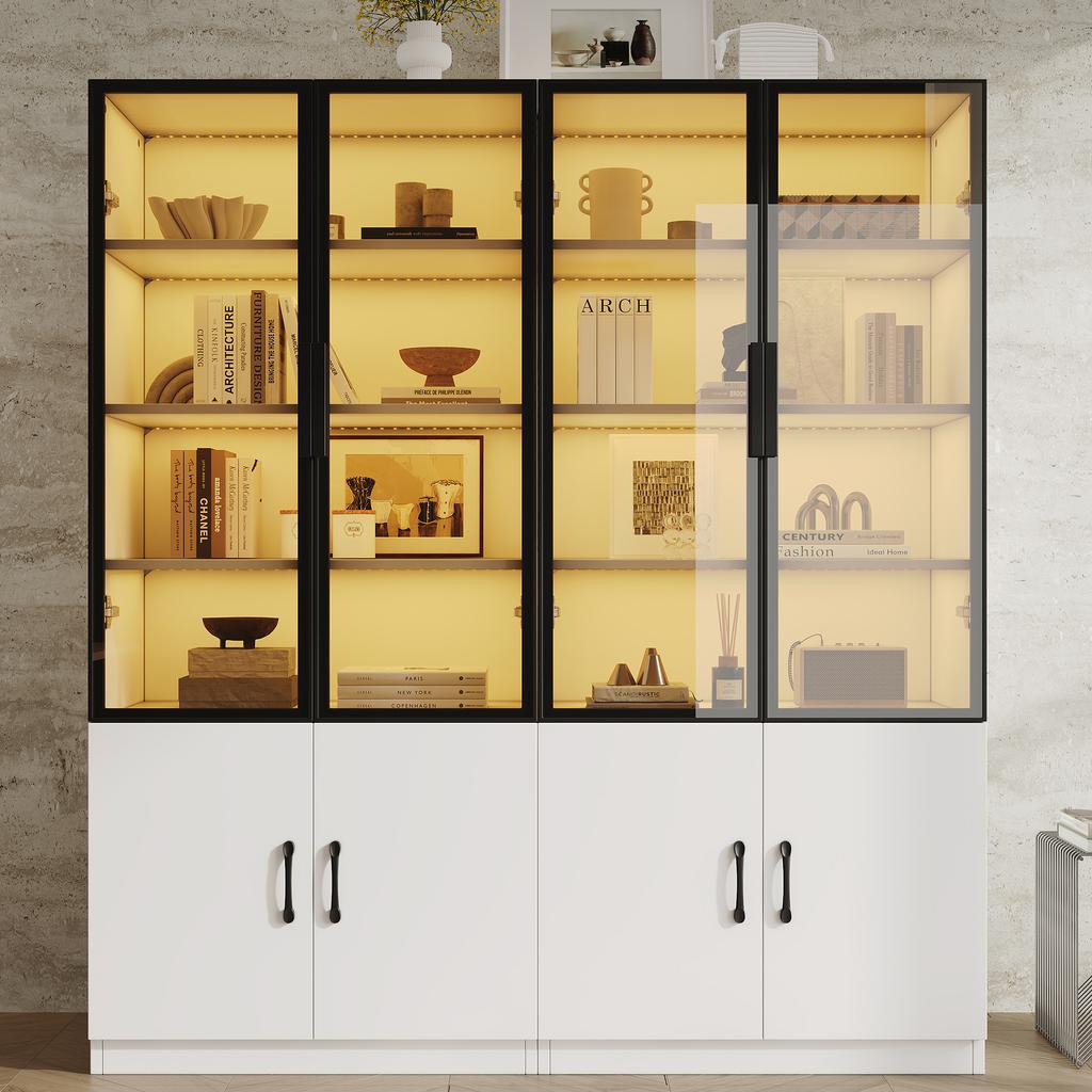 120*40*160 cm Combination Display Cabinet with LED Lighting – Made of Smoked Glass with Aluminum Frame and Two Doors in the Lower Section, Sideboard