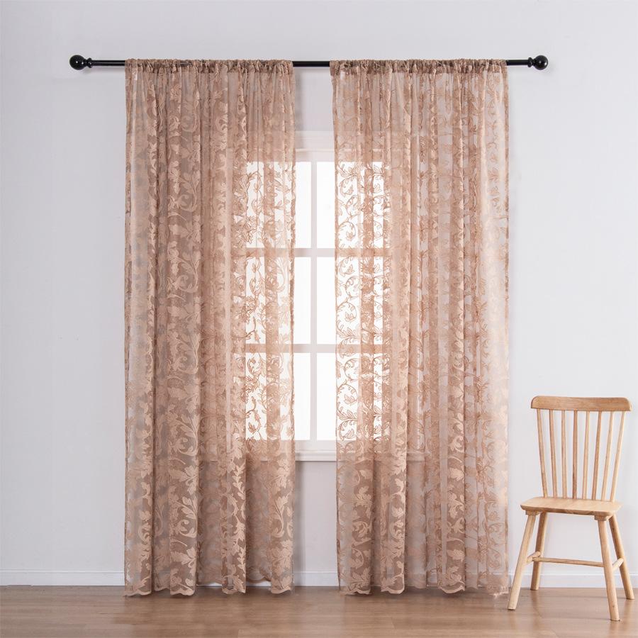 Embroidered Leaf Pattern Sheer Curtains, Polyester Lightweight Decorative Drapes for Living Room, Bedroom, Dining Room, Office