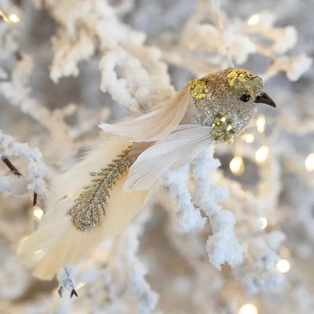 1Pair Christmas Tree Decoration Glitter Christmas Birds DIY Decor Foam Artificial Bird Pendant Realistic Simulated White Bird