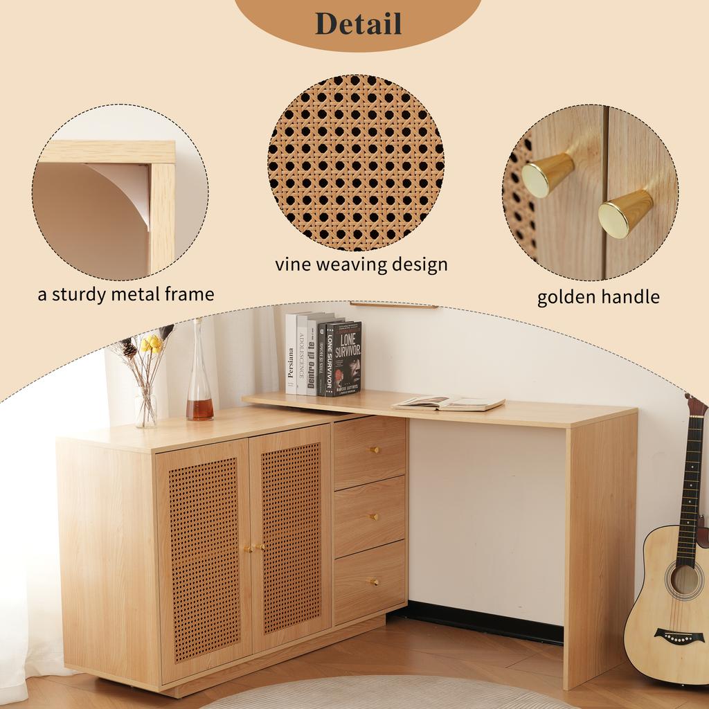 Desk, L-Shaped Corner Table, Computer Table with Rattan Doors, Dressing Table, White 126 cm