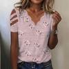 Women's Heart Print Scalloped V Neck Cut Out Shoulder Short Sleeve Loose Fit Casual T Shirt Blouse Top