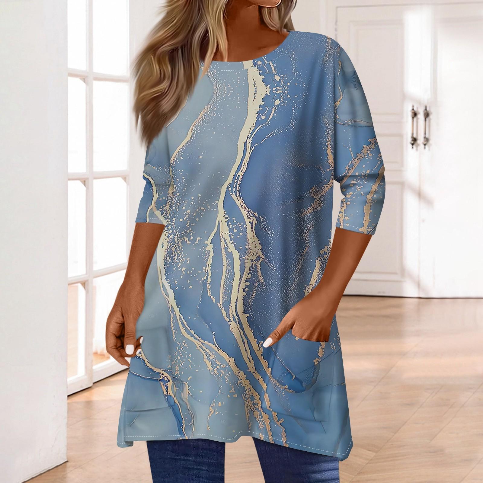 

Топы с рукавами 3/4 для женщин, футболка, повседневные топы с принтом, футболка, пуловер с круглым вырезом, блузка XXXL синий