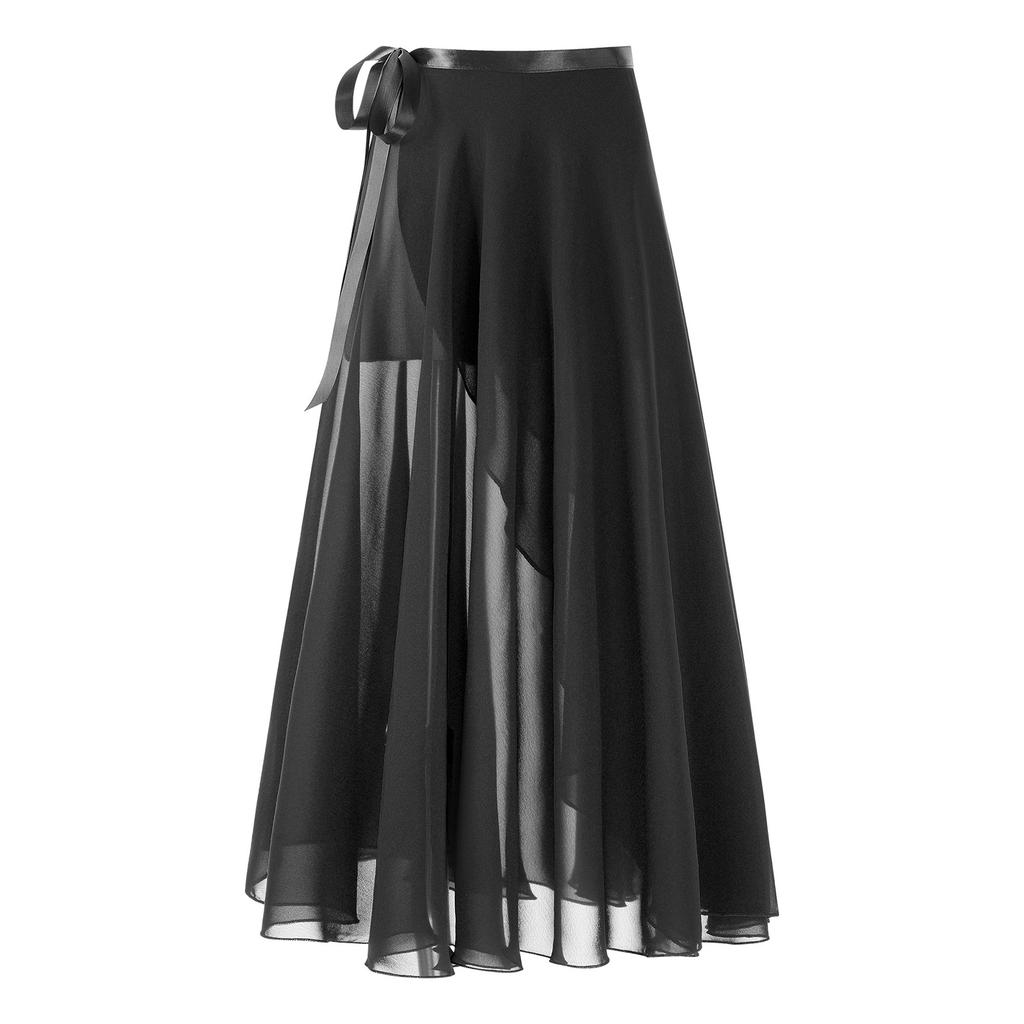 Womens High Waist Flowy Ballet Skirt Solid Color Midi Length Lace Up Design Modern Dance Training Skirt